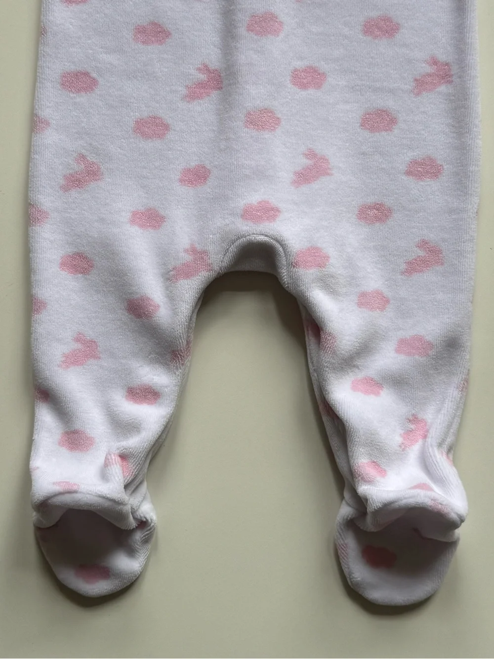 Jacadi Baby Girl White Velvet Footie Pajamas with Pink Clouds & Rabbits - Sz. 3M